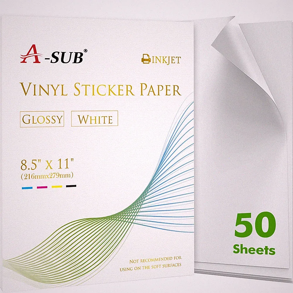 50 PK A-SUB Printable Vinyl Sticker Paper Glossy White Waterproof Sticker Sheets