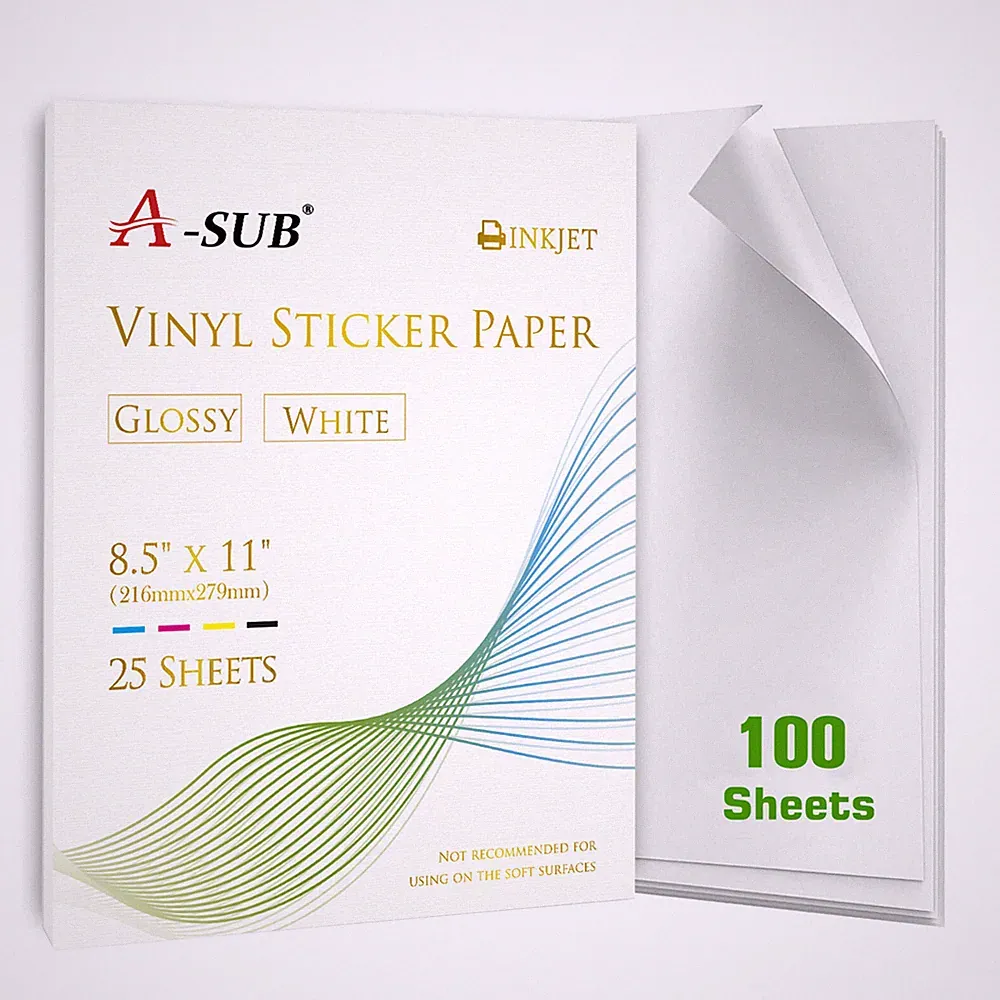 A-SUB Printable Vinyl Sticker Paper Glossy White 100 Sheet 8.5x11 Inkjet Printer