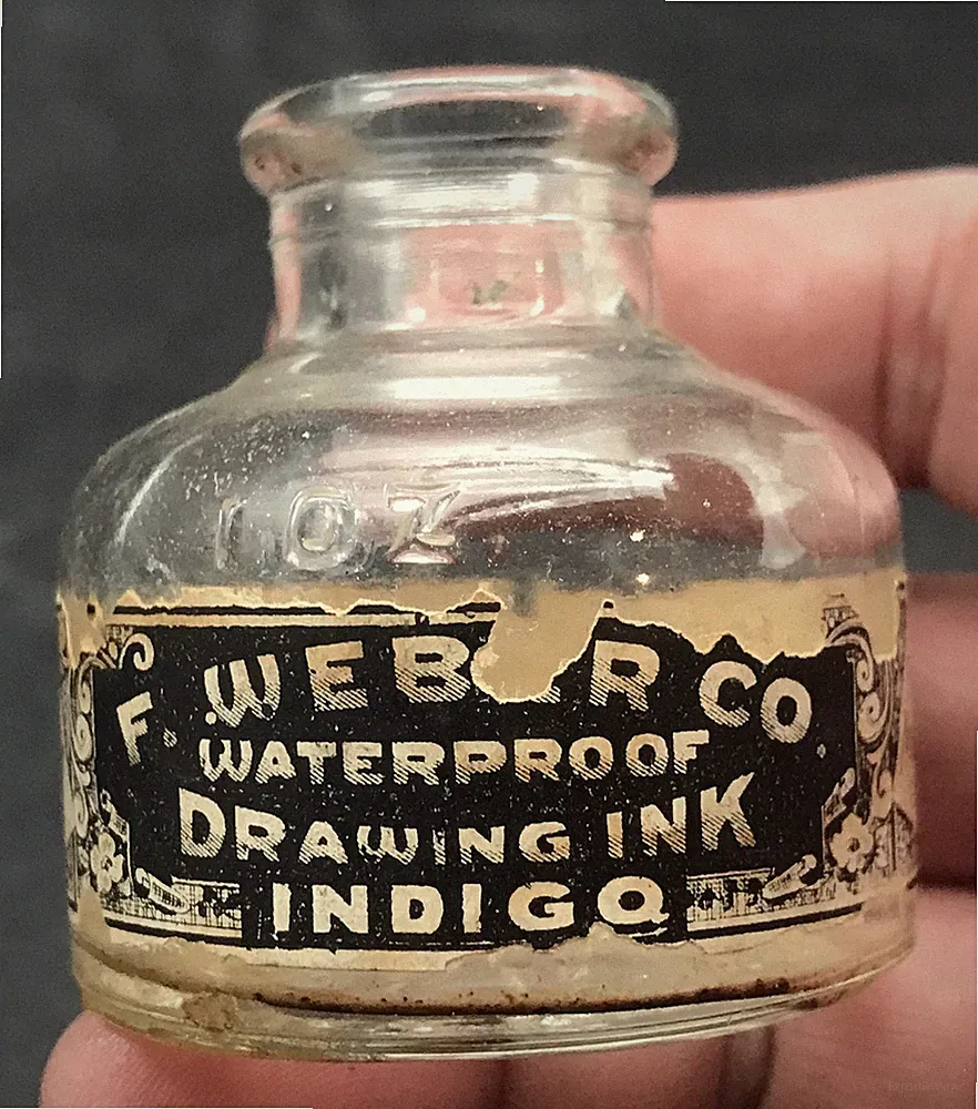 F Weber Co Waterproof Drawing Ink Indigo 1 oz Bottle USA Philadelphia VTG