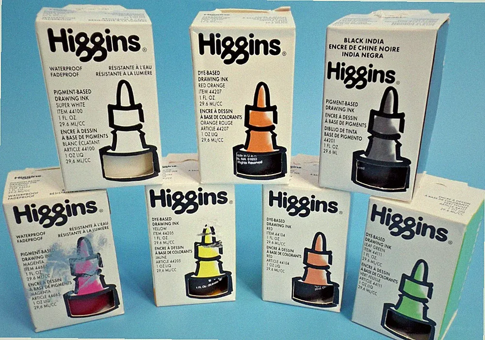 Higgins Pigment-Based Waterproof Drawing Ink 1 fl oz ea. - Set of 7 colors !