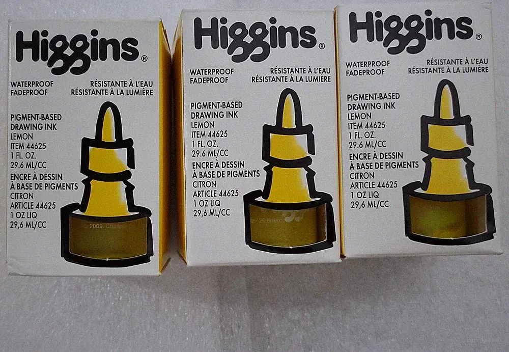 Lot of 3 Higgins Pigment-Based Waterproof,FadeProof,Drawing Ink LEMON. 1 FL.OZ.