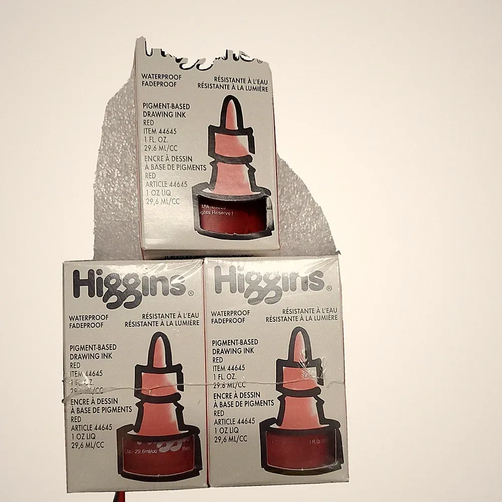 Lot of 3 Higgins Pigment-Based Waterproof,FadeProof,Drawing Ink,RED. 1 FL.OZ.