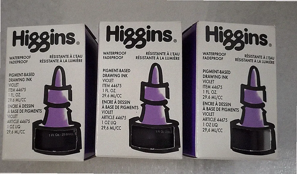 Lot of 3 Higgins Pigment-Based Waterproof,FadeProof,Drawing Ink VIOLET. 1 FL.OZ.