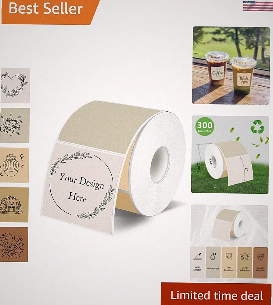 Square Thermal Labels Stickers 2" x 2", Self-Adhesive Waterproof Square Direc...